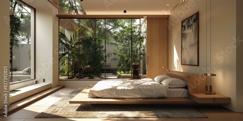 Modern Japanese Style Bedroom Interior with Window and Plant photo