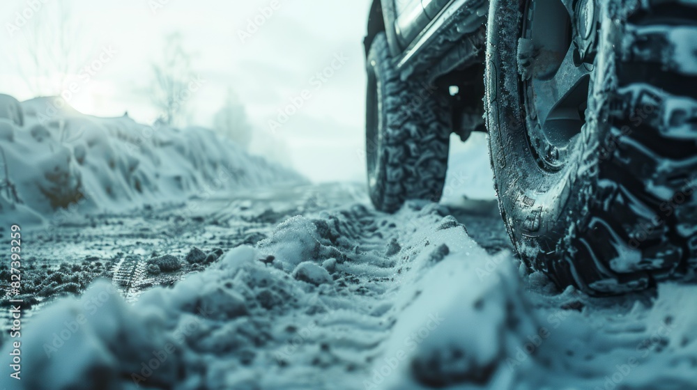 Winter Tires in a Snowy Road