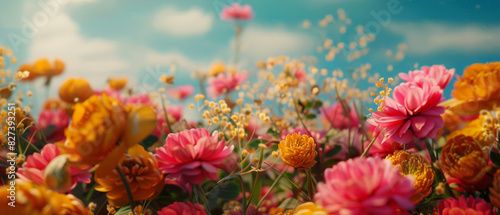 A field of flowers with a blue sky in the background © AnuStudio