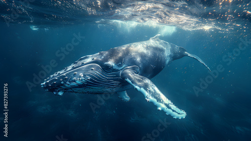 Aerial top down view of a big sperm whale freely swimming in the ocen photo