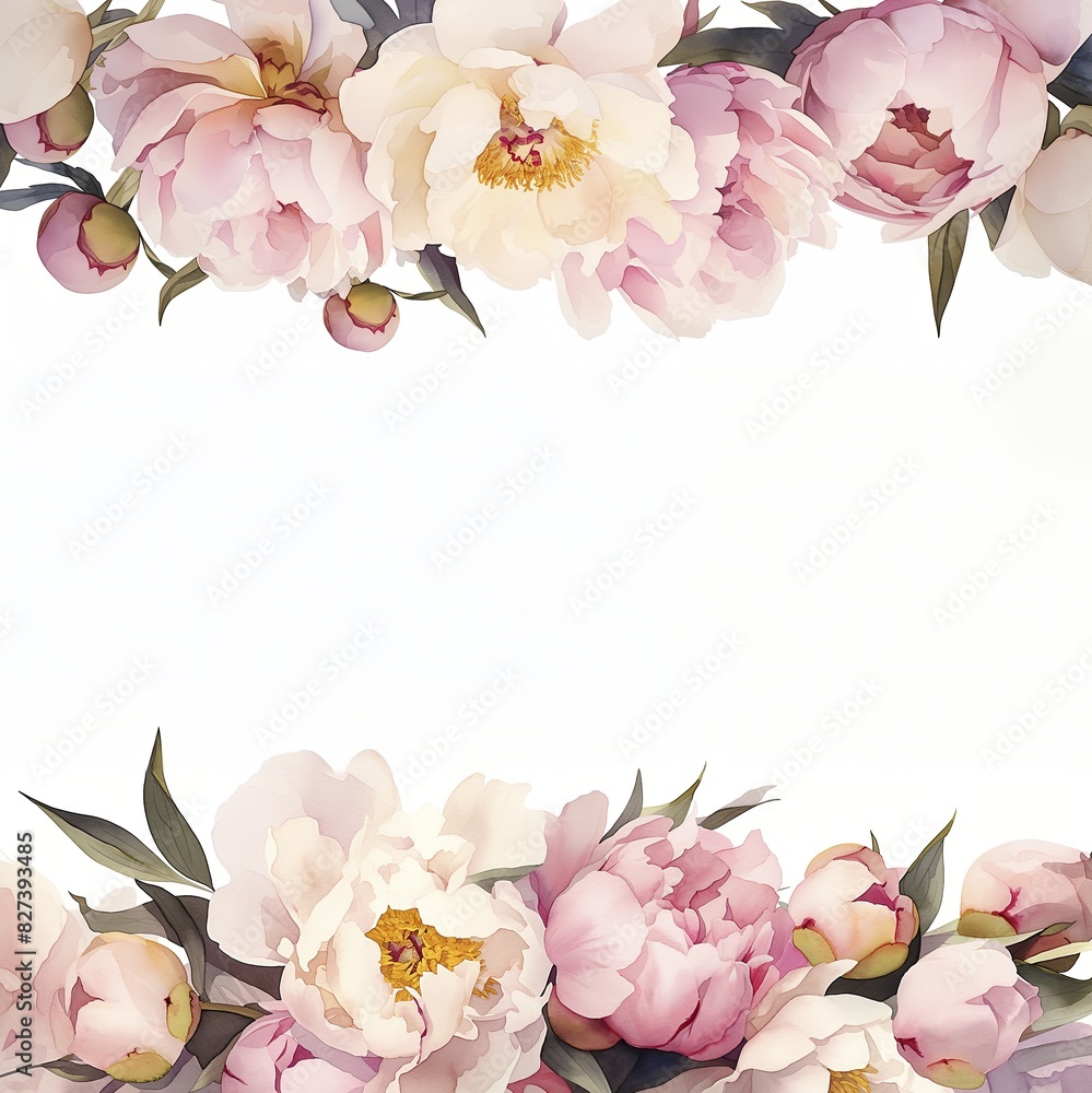 Fototapeta premium Watercolor peony frame isolated on white background. Floral composition for Mother's Day, wedding, birthday, Easter, Valentine's Day, greeting card, wallpaper, print. Pastel colors