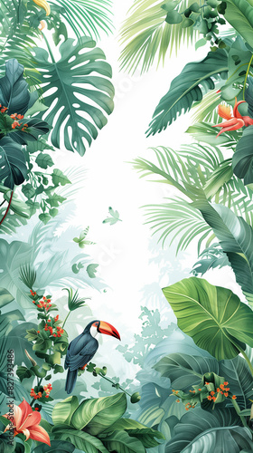 Tropical jungle landscape with toucan and lush greenery.