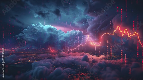 Visualize volatile market effects through a lightning storm over stock graphs, capturing a wide view with dark clouds and striking lightning, all in a minimal style. photo