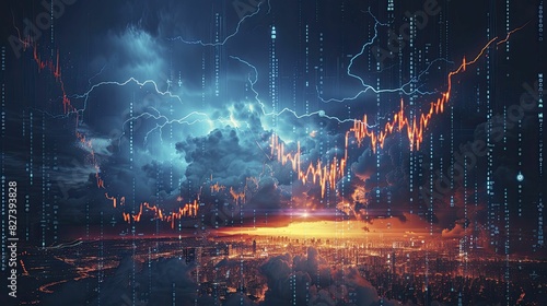 Volatile market effects visualized by a lightning storm over stock graphs, wide view with dark clouds and clear lightning, minimal style photo