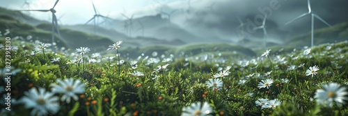 Wind turbines resembling giant flowers, technological meadows blooming in the breeze, floral turbines whirling in lush green fields. photo