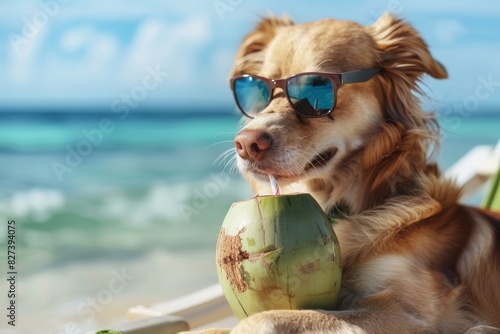 Despite the blurred area where the dog's face would be, it is positioned on a beach chair facing the ocean, suggesting restfulness photo