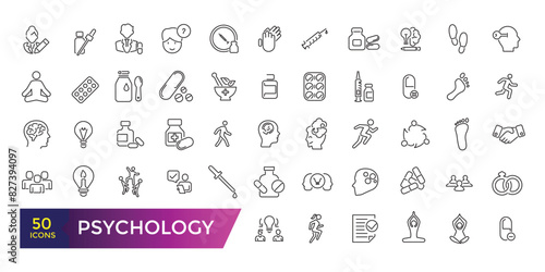 Psychology icons collection. Set of mental, session, help, psychoanalysis, emotions icons. UI icon set. Thin outline icons pack.