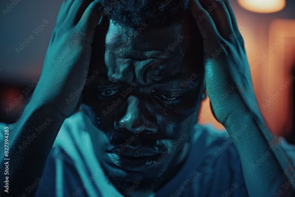 A person appears stressed or overwhelmed, with hands on head enveloped in a cold blue light A person appears stressed or overwhelmed, with hands on head enveloped in a cold blue light