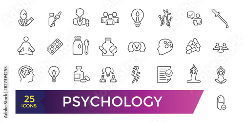 Psychology icons collection. Set of mental, session, help, psychoanalysis, emotions icons. UI icon set. Thin outline icons pack.