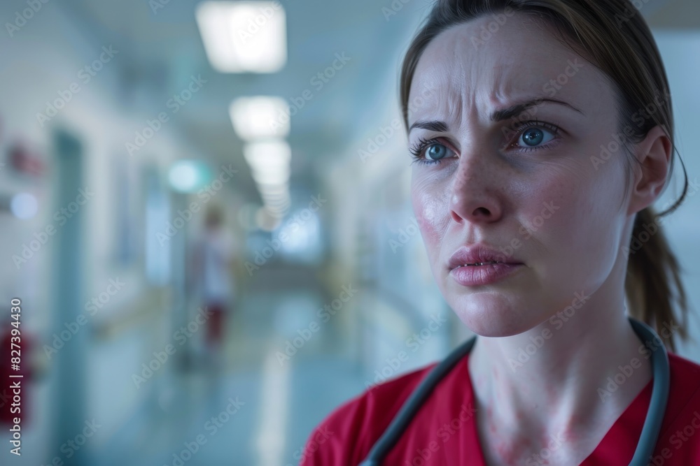 A female nurse in scrubs appears concerned or alert, standing in a hospital corridor with a blurred background A female nurse in scrubs appears concerned or alert, standing in a hospital corridor with a blurred background