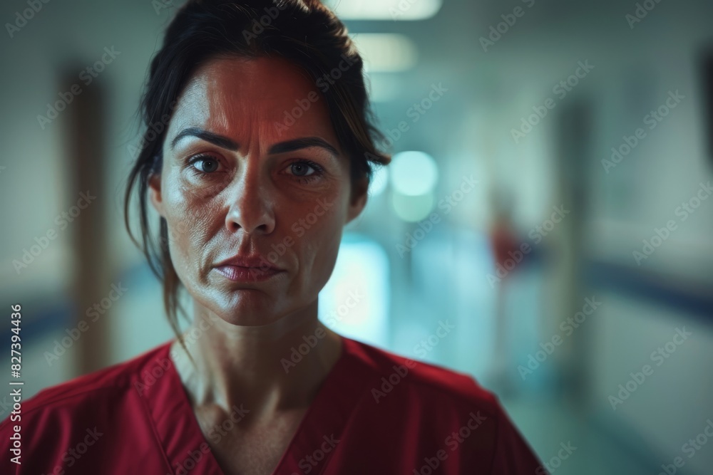 A close-up of a female healthcare worker shows determination and resilience, portrayed with a serious expression A close-up of a female healthcare worker shows determination and resilience, portrayed with a serious expression