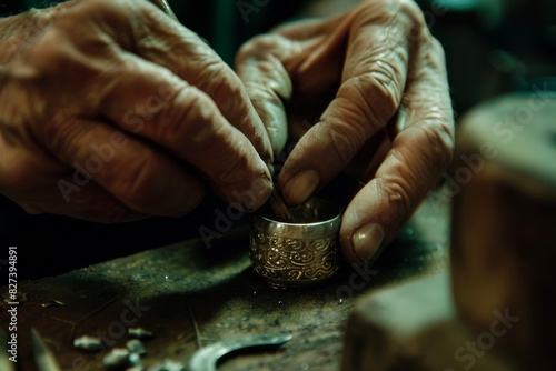 Closeup of jeweler's hands working on engraving intricate designs on a silver ring in a workshop photo