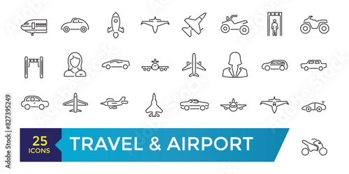 Travel and Airport line icon set. Contains linear outline icons like Plane, Ticket, Baggage, Transport, Luggage, Airplane. Editable vector illustration.