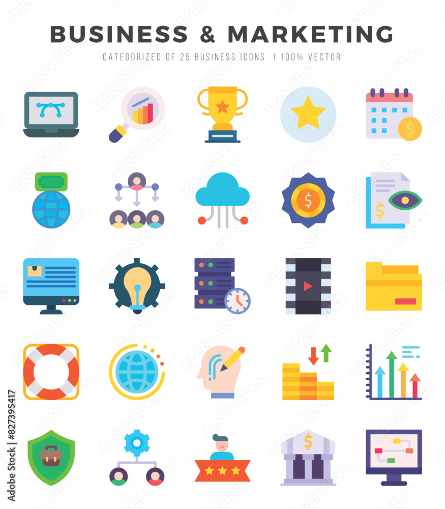 Set of Business & Marketing Icons. Simple Flat art style icons pack. Vector illustration.