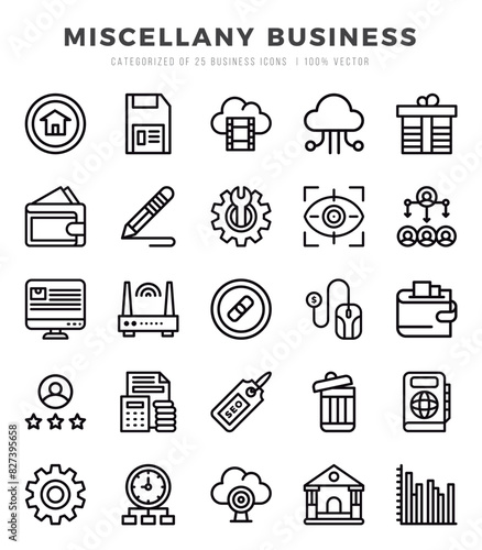 Miscellany Business Lineal icons collection. 25 icon set in a Lineal design.
