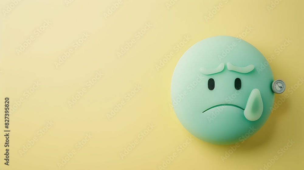 sick emoji on a pastel yellow background with space for copy The emoji is light green with a thermometer sick emoji on a pastel yellow background with space for copy The emoji is light green with a thermometer