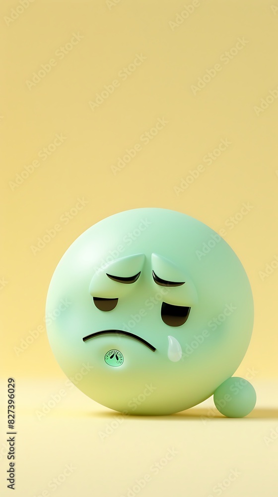 Fototapeta premium sick emoji on a pastel yellow background with space for copy The emoji is light green with a thermometer