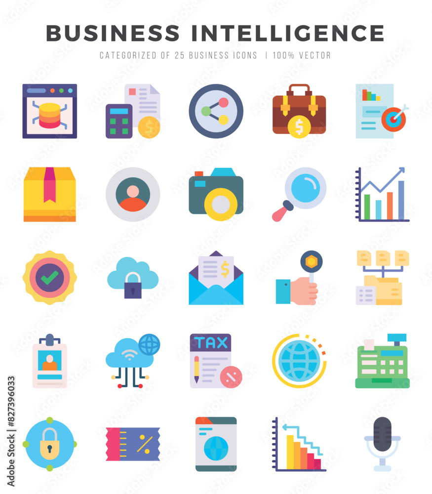 Collection of Business Intelligence 25 Flat Icons Pack. Collection of Business Intelligence 25 Flat Icons Pack.