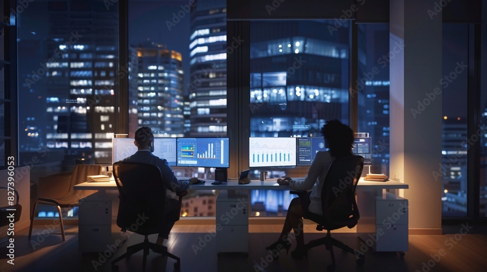 Office Workers at Night: A Modern Business Scene Office Workers at Night: A Modern Business Scene