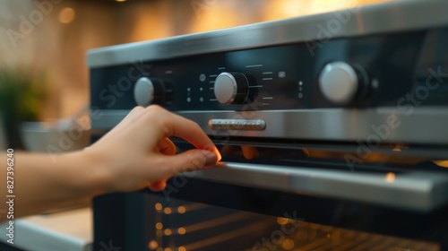 woman housewife hand turn on electric oven using knob