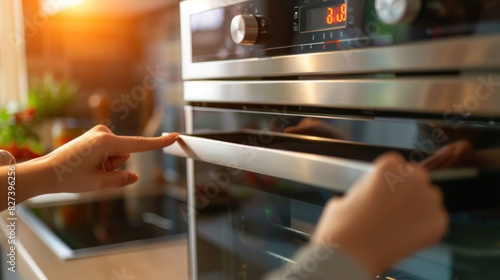 woman hand regulate button, modern oven photo