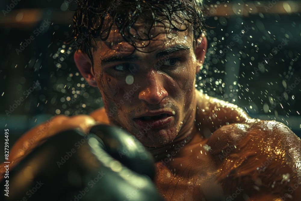 A professional boxer in the ring. He is covered in sweat and blood. His eyes are focused on his opponent. He is ready to fight. A professional boxer in the ring. He is covered in sweat and blood. His eyes are focused on his opponent. He is ready to fight.