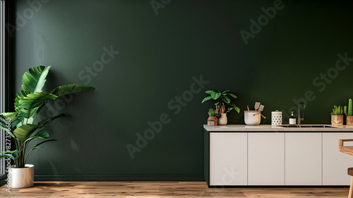 Dark green wall mock up kitchen room and minimalist interior design. Generative Ai