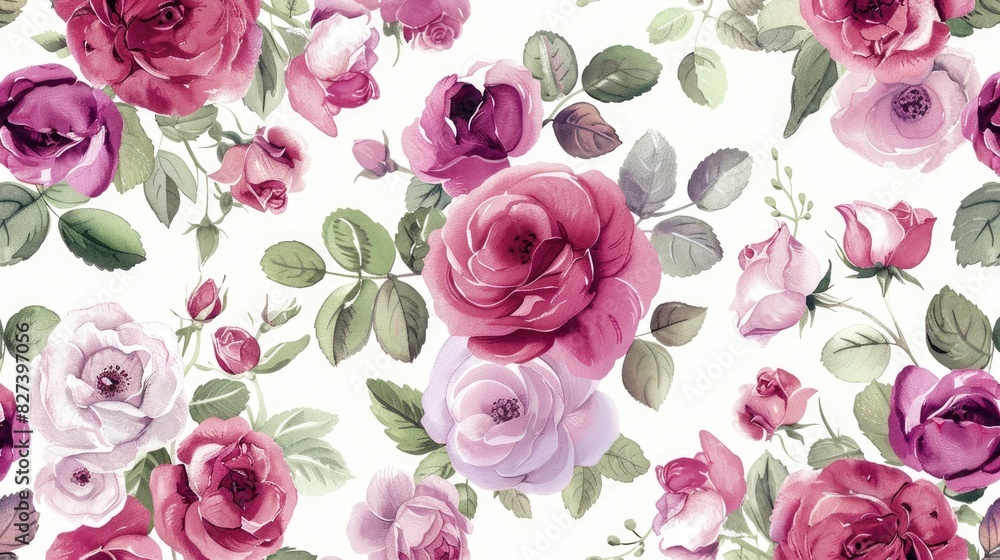 Magenta and pink roses in bloom on a seamless spring pattern against a white backdrop Magenta and pink roses in bloom on a seamless spring pattern against a white backdrop