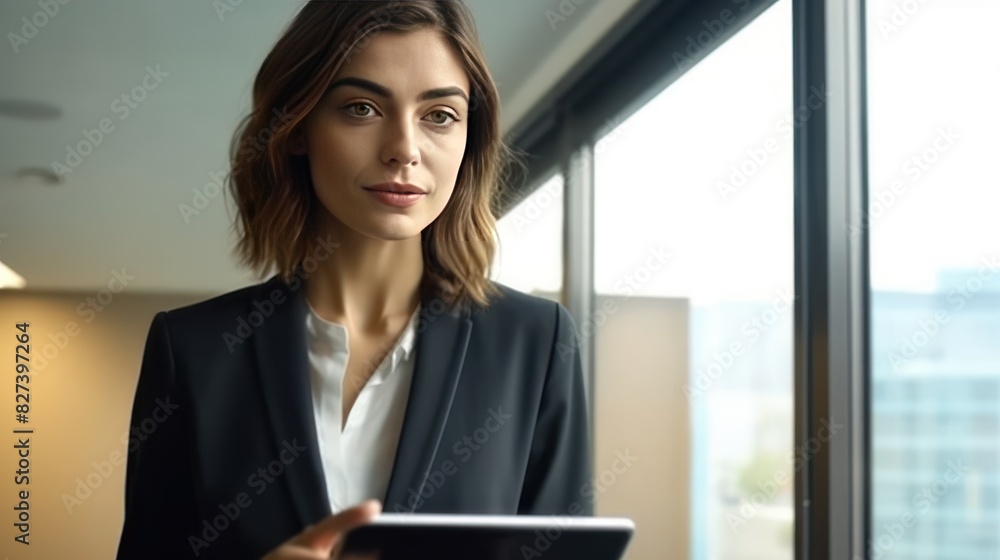 Young happy businesswoman using digital tablet while standing Young happy businesswoman using digital tablet while standing