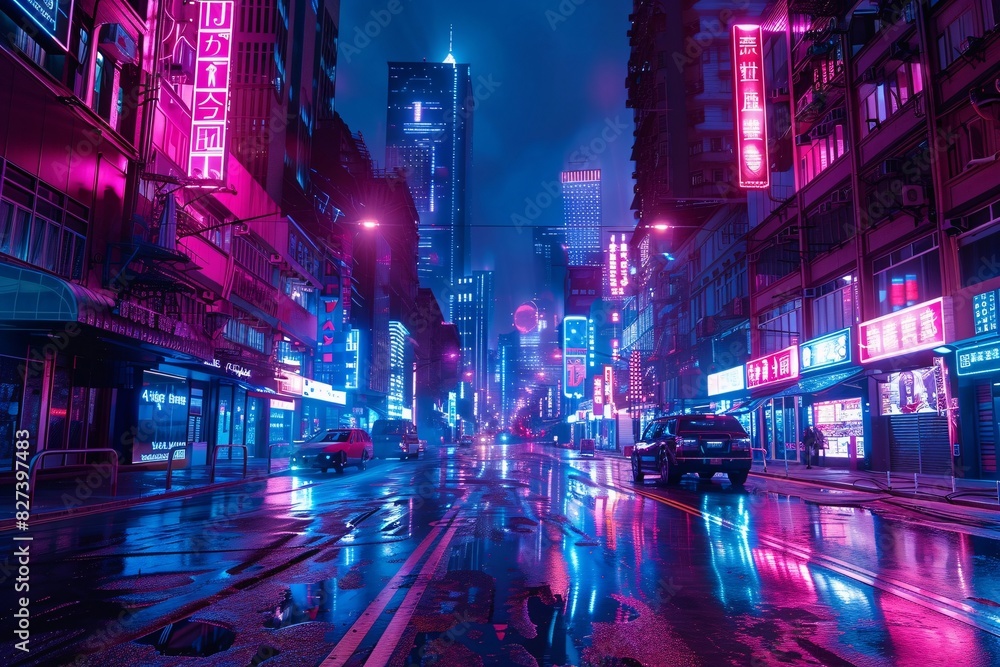 Night-Time Rain on a Neon-Lit City Street
