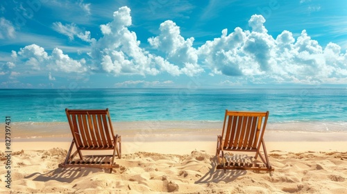 Two beach chairs are set up on the sand  facing the ocean