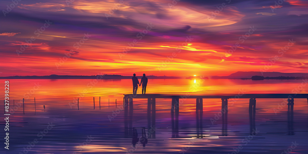 Harbor Sunset: A couple standing on a pier overlooking a harbor at sunset, with pastel hues of orange and purple in the sky reflecting on the water, creating a serene and romantic scene Harbor Sunset: A couple standing on a pier overlooking a harbor at sunset, with pastel hues of orange and purple in the sky reflecting on the water, creating a serene and romantic scene