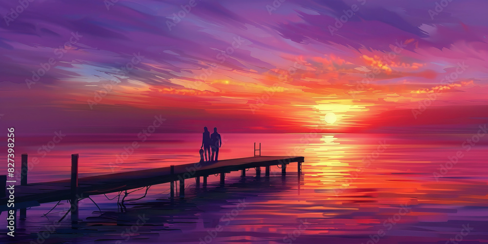 Harbor Sunset: A couple standing on a pier overlooking a harbor at sunset, with pastel hues of orange and purple in the sky reflecting on the water, creating a serene and romantic scene