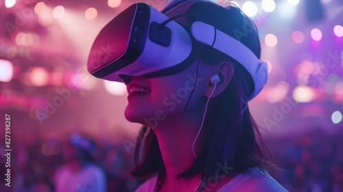 A casually dressed Asian woman uses VR goggles to watch a live concert, feeling the excitement of the virtual reality show in a unique way. © Thirawat