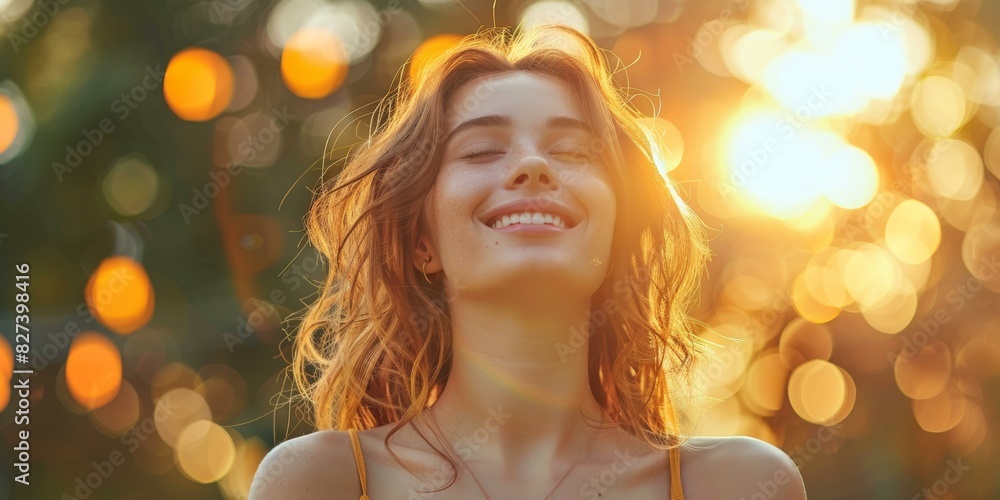 Smiling Blonde Woman Closing Eyes and Enjoying the Sunlight Smiling Blonde Woman Closing Eyes and Enjoying the Sunlight