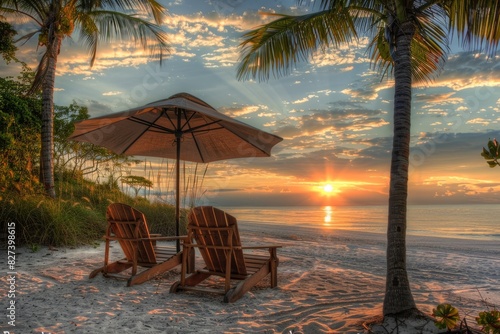 Sunset Beach with Lounge Chairs and Umbrella