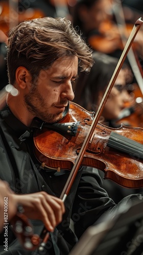 A violinist performing in a symphony orchestra, focused intently on the conductor, knolling