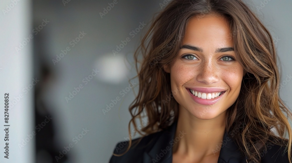 Fototapeta premium ฺBusiness woman projecting elegance and poise with her bright smile, beautifully isolated on a clean white backdrop