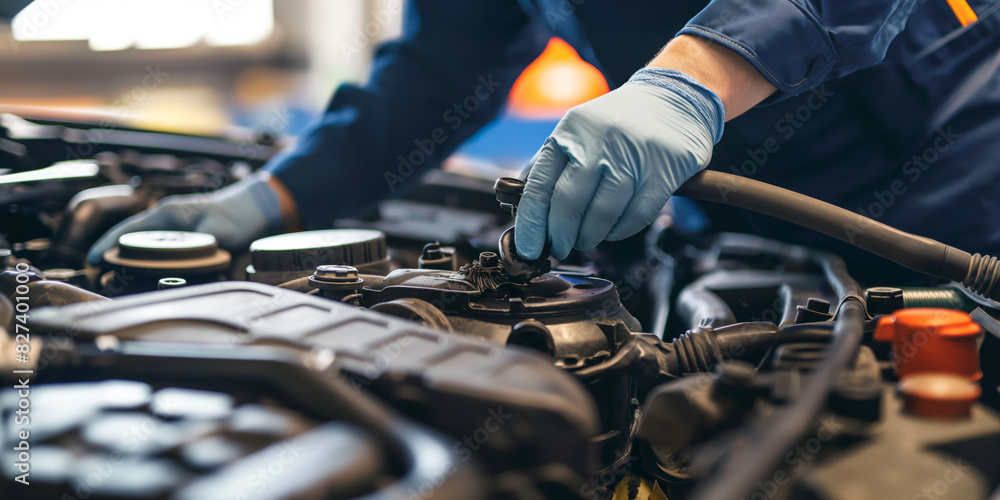 Close-up of a mechanic's hands in gloves working on a vehicle's engine in a garage Close-up of a mechanic's hands in gloves working on a vehicle's engine in a garage