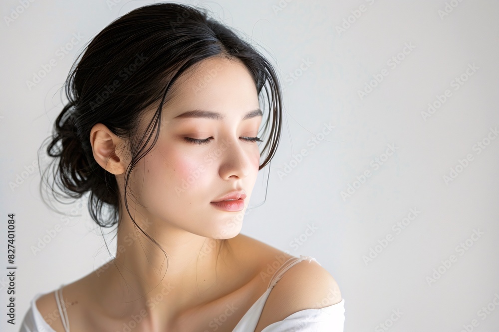 Fashionable Woman with Soft Features and Bare Shoulder, Captured in a Portrait Fashionable Woman with Soft Features and Bare Shoulder, Captured in a Portrait