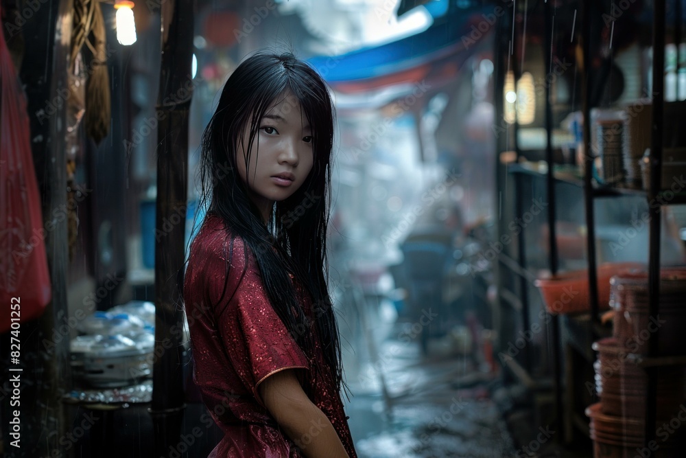 Mysterious ambiance envelops a young woman in a red traditional dress within an old, foggy alleyway