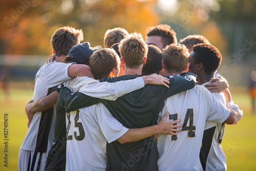 The image shows a group of soccer players celebrating a successful play. They are huddled together, with some holding onto each other in a tight embrace, indicating camaraderie and team spirit.
