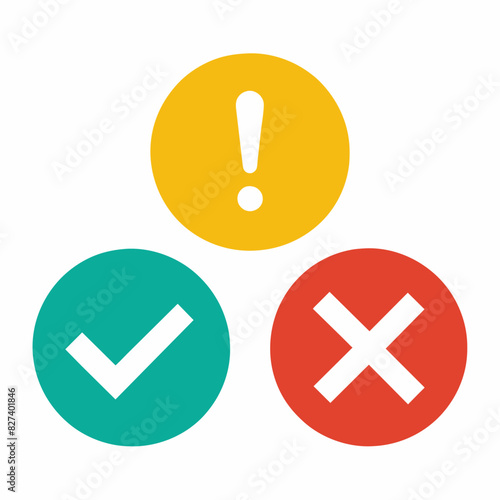 Set of flat round check mark, exclamation point, X mark icons photo