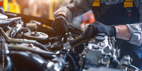 A focused mechanic inspects engine components, a critical part of automotive maintenance and repair photo