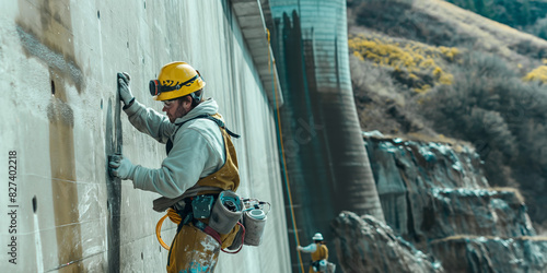 A construction worker is attached to a safety harness while inspecting or repairing a dam wall