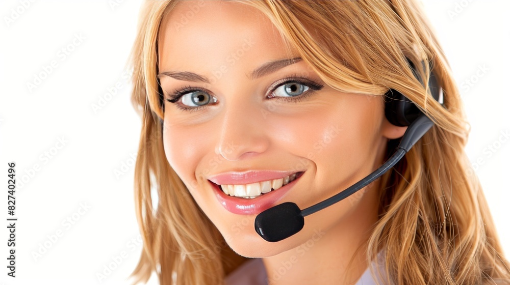 Customer service representative proudly smiling while answering calls stock image Customer service representative proudly smiling while answering calls stock image