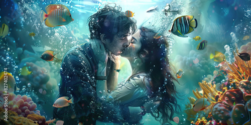 Underwater Kiss: A couple sharing a kiss underwater, with pastel-colored fish swimming around them, creating a magical and ethereal scene © Lila Patel