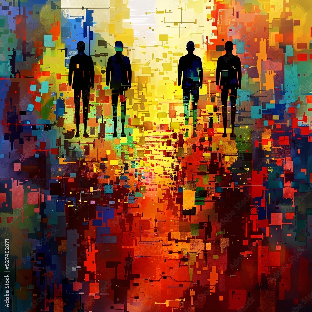 Urban Allegory: A Group of People Walking Through an Abstract Cityscape Urban Allegory: A Group of People Walking Through an Abstract Cityscape