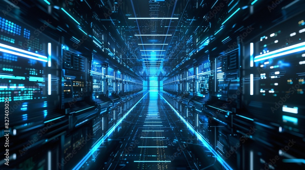 Digital Sci-Fi Hallway with Glowing Blue Lights and Neon Signs Digital Sci-Fi Hallway with Glowing Blue Lights and Neon Signs