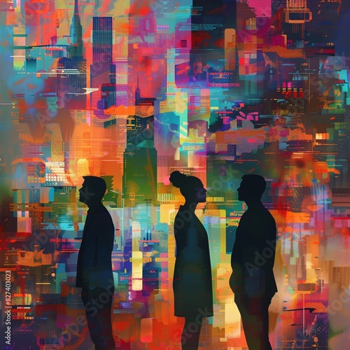Three Silhouettes in a Colorful Cityscape